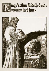 Koning Arthur vindt de oude vrouw in de hut, illustratie uit 